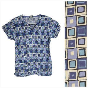 Medical Scrubs Top Blue Graphica V-neck Uniform Geo Grid Pocket WS Scrub